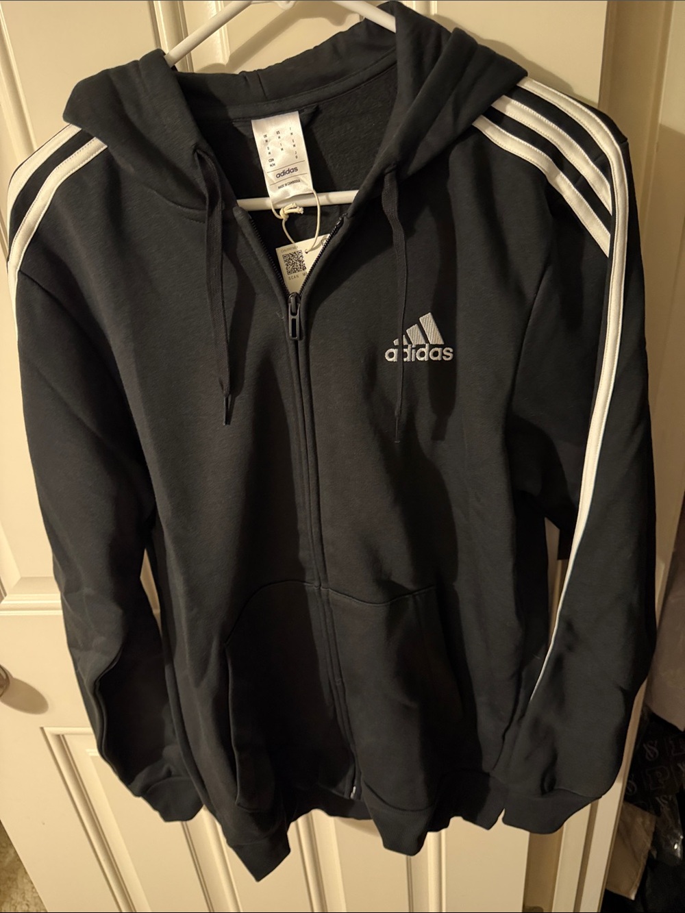 adidas Black Hooded Track Jacket with White Three-Stripes
